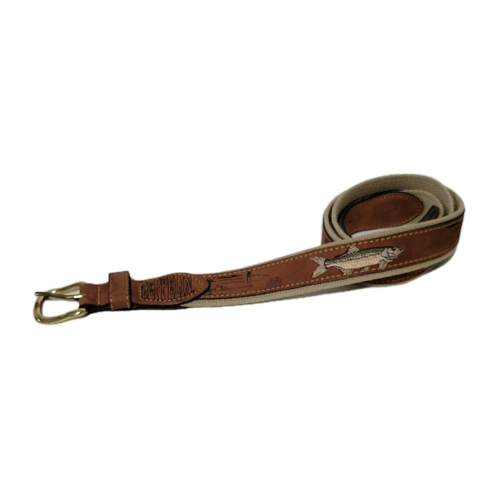 Zeppelin Trout Fishing Belt 42 Men Leather & Canvas Brass Buckle USA Embroidered